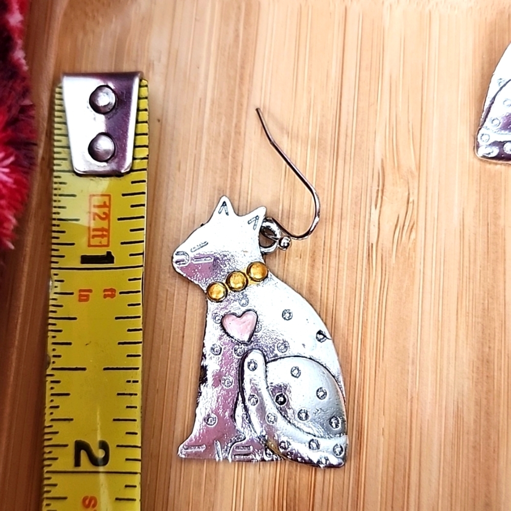 Boho Cat Heart Tail Earrings Whimsy Statement Piece Textured Front - Picture 3 of 3